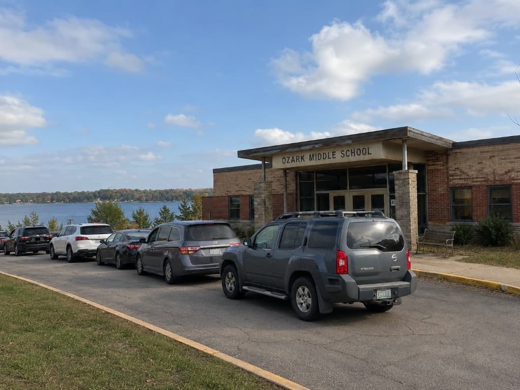 The brick entrance of Ozark Middle School beneath its lake-blue canopy, with the Lake of the Ozarks and wooded hills in the background.