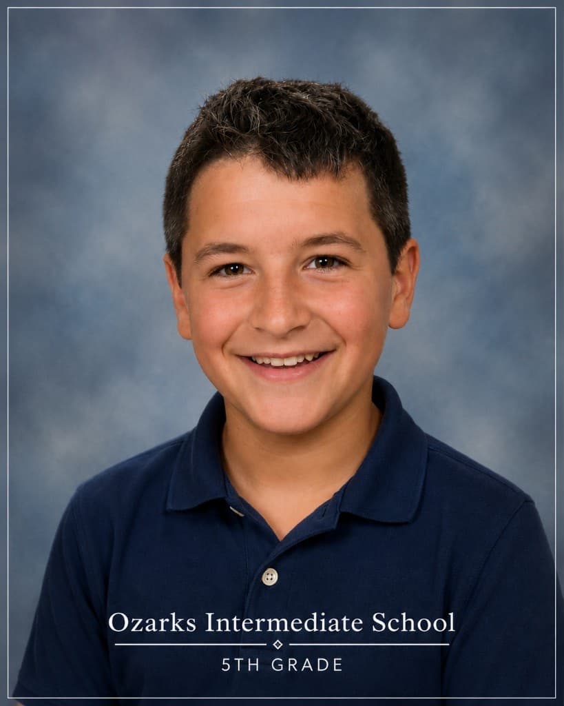 School portrait of Eli Reese Reed, Ozark Middle School Student of the Month for May, smiling in a navy polo shirt.